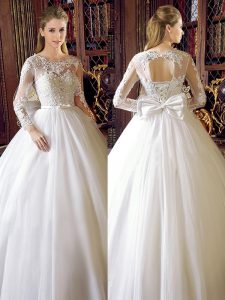 Scoop Long Sleeves Bridal Gown Floor Length Lace and Bowknot White Tulle