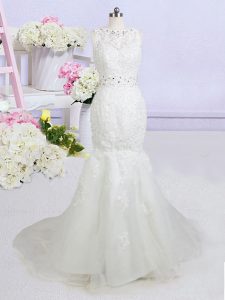 Mermaid Backless Bateau Sleeveless Bridal Gown With Brush Train Beading and Appliques White Organza
