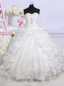 Romantic Pick Ups With Train Ball Gowns Sleeveless White Bridal Gown Brush Train Lace Up