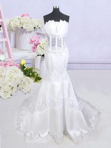 Inexpensive Mermaid See Through Scalloped Sleeveless Satin Wedding Gown Beading and Lace Brush Train Zipper