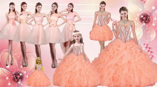 Clearance Ball Gowns Sweet 16 Dresses Orange Straps Organza Sleeveless Floor Length Lace Up