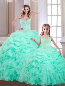 Apple Green Organza Lace Up Quince Ball Gowns Sleeveless Floor Length Beading and Ruffles and Pick Ups