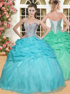 Excellent Aqua Blue Sleeveless Beading and Pick Ups Floor Length Sweet 16 Dresses