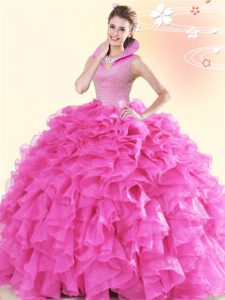 Hot Pink Sleeveless Organza Backless Quince Ball Gowns for Military Ball and Sweet 16 and Quinceanera