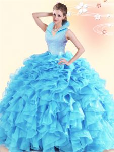 Modern Aqua Blue Quinceanera Gown Military Ball and Sweet 16 and Quinceanera and For with Beading and Ruffles High-neck 