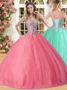 Custom Made Ball Gowns Sweet 16 Dresses Coral Red Sweetheart Tulle Sleeveless Floor Length Lace Up