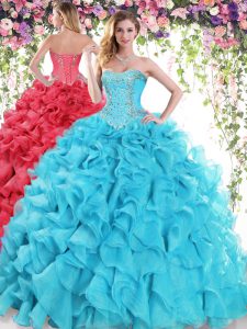 Sexy Baby Blue Organza Lace Up Sweetheart Sleeveless Sweet 16 Dresses Sweep Train Beading and Ruffles