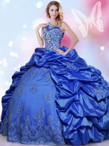 Decent Halter Top Blue Sleeveless Floor Length Beading and Lace and Appliques and Pick Ups Lace Up Quince Ball Gowns