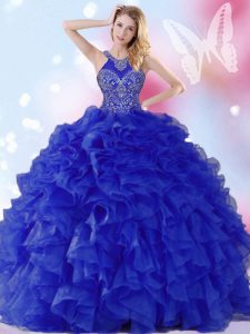 Royal Blue Halter Top Neckline Beading and Ruffles 15 Quinceanera Dress Sleeveless Lace Up