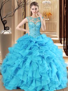 Scoop Floor Length Lace Up Quinceanera Gown Baby Blue for Military Ball and Sweet 16 and Quinceanera with Beading and Ru