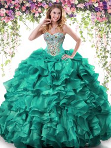 Custom Fit Sweetheart Sleeveless 15 Quinceanera Dress Floor Length Beading and Ruffles Turquoise Organza