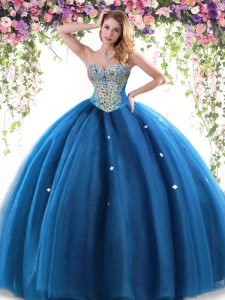 Sweetheart Sleeveless 15 Quinceanera Dress Floor Length Beading Blue Tulle