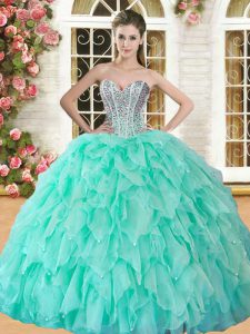 Extravagant Apple Green Organza Lace Up Ball Gown Prom Dress Sleeveless Floor Length Beading and Ruffles