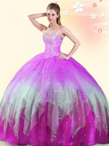 Cute Multi-color Tulle Lace Up Sweetheart Sleeveless Floor Length Quinceanera Dress Beading