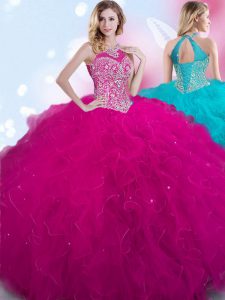 Dazzling Fuchsia Ball Gowns Halter Top Sleeveless Tulle Floor Length Lace Up Beading Sweet 16 Dress