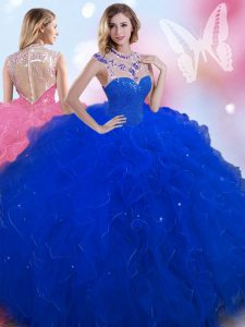 Classical Royal Blue Ball Gowns High-neck Sleeveless Tulle Floor Length Zipper Beading Sweet 16 Dress