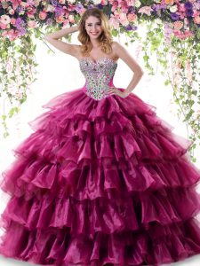 Fashionable Fuchsia Organza Lace Up Vestidos de Quinceanera Sleeveless Floor Length Beading and Ruffled Layers