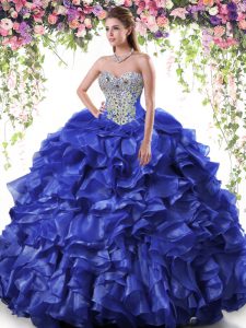 Sweet Royal Blue Sleeveless Beading and Ruffles Floor Length Ball Gown Prom Dress