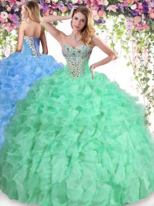 Flirting Apple Green Lace Up Sweetheart Beading and Ruffles Quinceanera Gown Organza Sleeveless