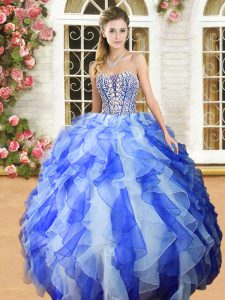 Attractive Beading and Ruffles Sweet 16 Dress Blue And White Lace Up Sleeveless Floor Length