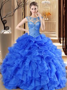 Sweet Royal Blue Lace Up Scoop Beading and Ruffles Vestidos de Quinceanera Organza Sleeveless