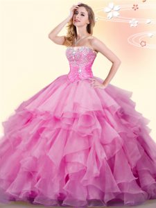 Attractive Rose Pink Organza Lace Up 15th Birthday Dress Sleeveless Floor Length Beading and Ruffles