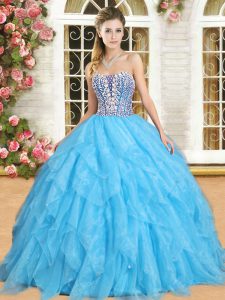 Edgy Aqua Blue Sleeveless Organza Lace Up Quinceanera Dresses for Military Ball and Sweet 16 and Quinceanera