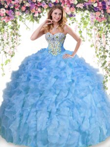Baby Blue Lace Up Sweetheart Beading and Ruffles Quinceanera Dress Organza Sleeveless