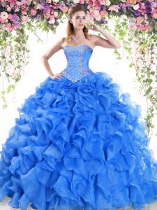 Blue Ball Gowns Beading and Ruffles 15th Birthday Dress Lace Up Organza Sleeveless