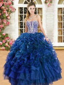 Royal Blue Ball Gowns Organza Sweetheart Sleeveless Beading and Ruffles and Ruffled Layers Floor Length Lace Up 15th Bir