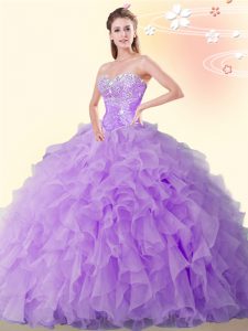 Chic Eggplant Purple Ball Gowns Beading and Ruffles 15th Birthday Dress Lace Up Organza Sleeveless Floor Length