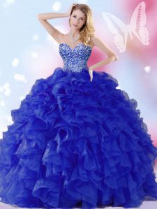 Smart Royal Blue Ball Gowns Organza Sweetheart Sleeveless Beading and Ruffles Floor Length Lace Up Sweet 16 Dresses