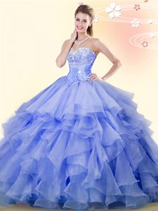 Lavender Ball Gowns Sweetheart Sleeveless Organza Floor Length Lace Up Beading and Ruffles Quinceanera Gowns