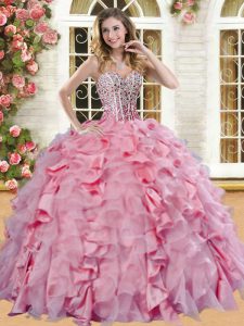 Stunning Sleeveless Beading and Ruffles Lace Up Quince Ball Gowns