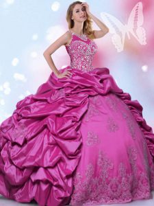 Luxurious Halter Top Pick Ups Fuchsia Sleeveless Taffeta Lace Up Quinceanera Gowns for Military Ball and Sweet 16 and Qu