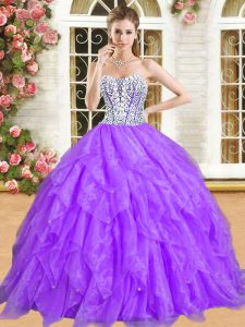 Sweet Sleeveless Organza Floor Length Lace Up Quinceanera Gown in Purple with Beading and Ruffles