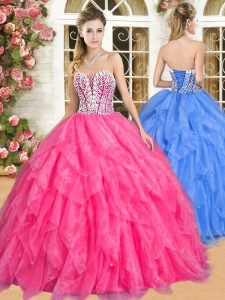 High Class Sweetheart Sleeveless Quinceanera Gown Floor Length Beading and Ruffles Hot Pink Organza