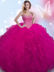 On Sale Tulle Sweetheart Sleeveless Lace Up Beading 15th Birthday Dress in Fuchsia