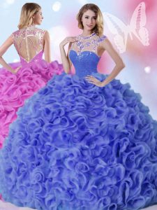 Free and Easy Blue Organza Zipper 15th Birthday Dress Sleeveless Floor Length Beading and Ruffles