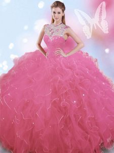 Rose Pink Ball Gowns High-neck Sleeveless Tulle Floor Length Zipper Beading Sweet 16 Dresses