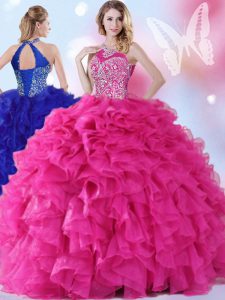 Cute Hot Pink Ball Gowns Organza Halter Top Sleeveless Beading and Ruffles Floor Length Lace Up Quinceanera Gowns