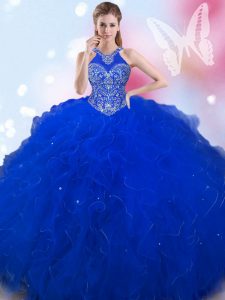 Smart Royal Blue Lace Up Halter Top Beading Ball Gown Prom Dress Tulle Sleeveless