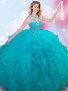 Great Teal Ball Gowns Tulle High-neck Sleeveless Beading Floor Length Lace Up Quinceanera Dress