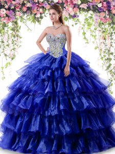 Fitting Royal Blue Lace Up Sweetheart Beading and Ruffled Layers Quinceanera Gown Organza Sleeveless