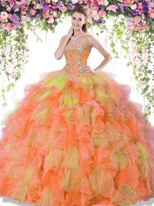 Suitable Multi-color Organza Lace Up Sweet 16 Dresses Sleeveless Floor Length Beading and Ruffles