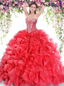 Lace Up Quinceanera Gown Red for Military Ball and Sweet 16 and Quinceanera with Beading and Ruffles Sweep Train