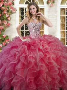 Coral Red Sleeveless Floor Length Beading and Ruffles Lace Up Quinceanera Gown