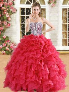 Red Ball Gowns Beading and Ruffles 15th Birthday Dress Lace Up Organza Sleeveless Floor Length