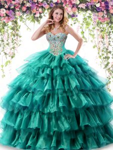 Comfortable Ruffled Sweetheart Sleeveless Lace Up Quinceanera Dresses Green Organza