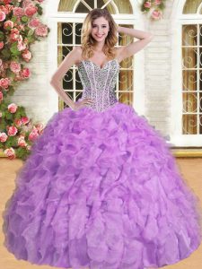 Noble Organza Sweetheart Sleeveless Lace Up Beading and Ruffles Quinceanera Gowns in Lavender